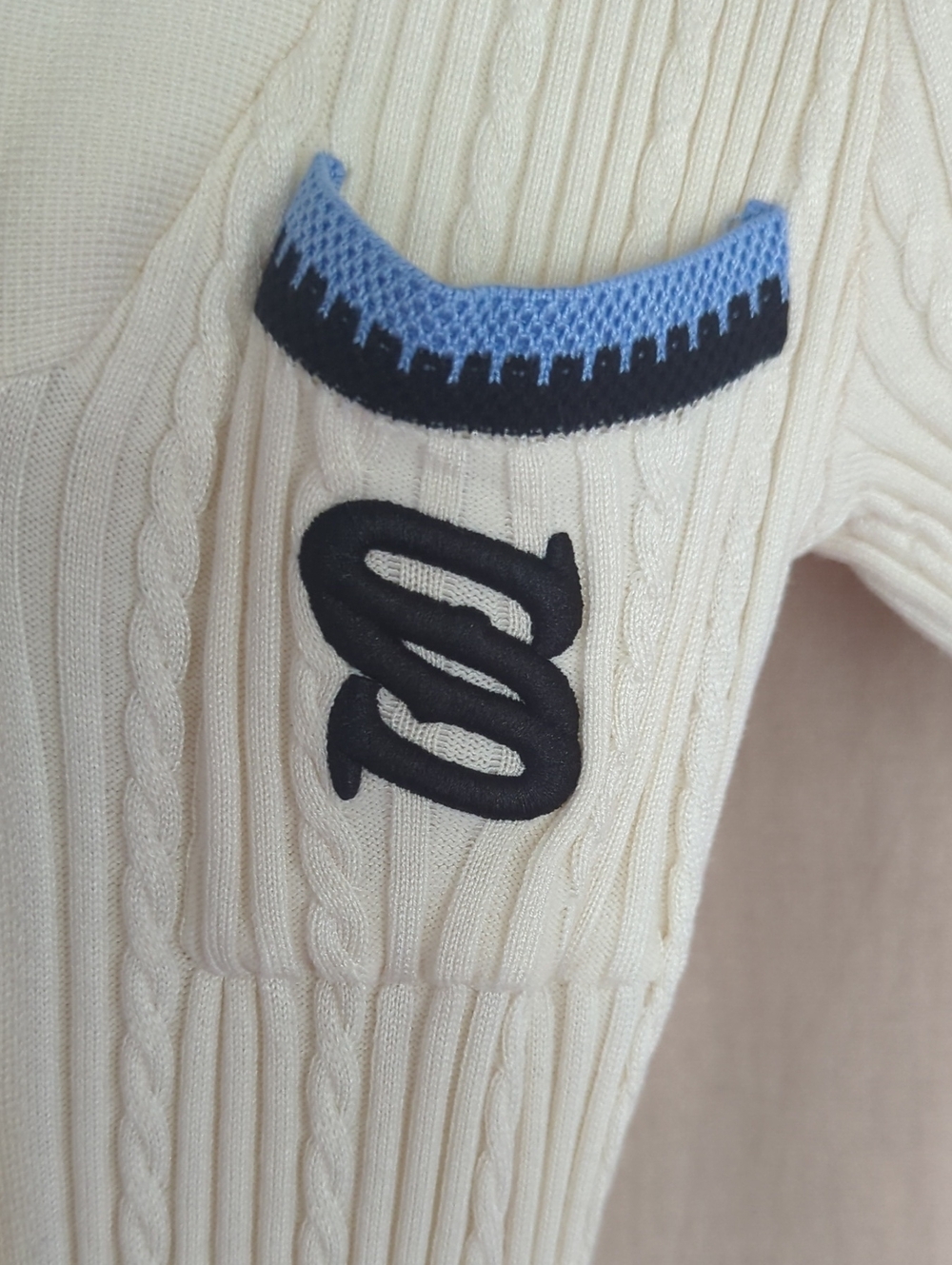 Sandro Florine Knit Midi Dress Cream Beige Button-Down Polo Navy Blue Trim Maxi - Picture 6 of 8